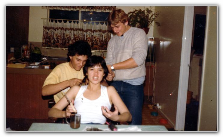 DJ & Steve Allen giving Sharon a haircut 1986